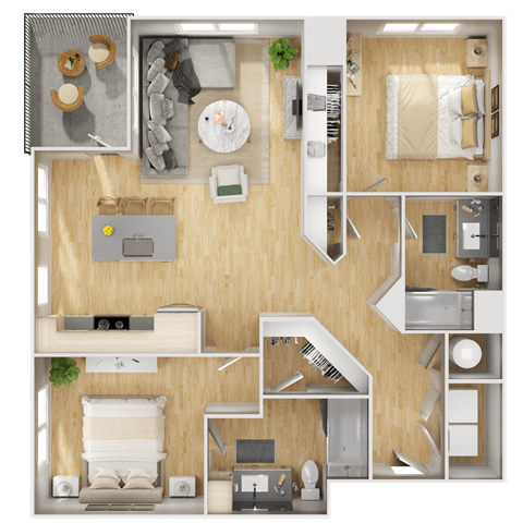 Floor plan for 2 beds, 2 baths, 1160 sqft